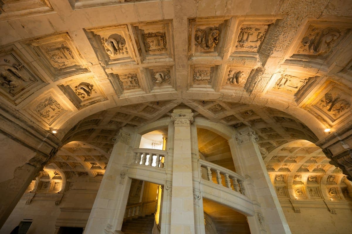Vaulted ceiling staircase interior
